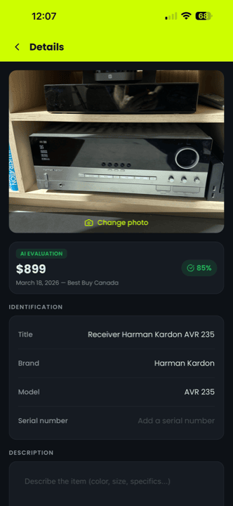 MapleSafe item detail with AI evaluation