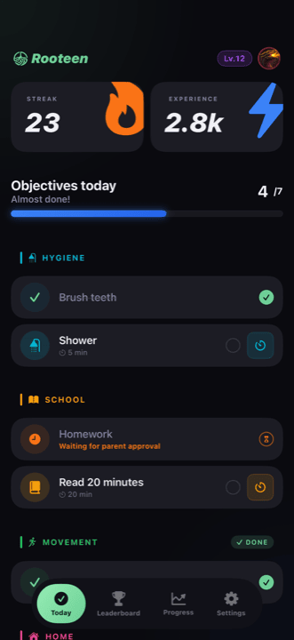Rooteen kid dashboard